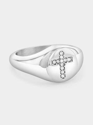 Stainless Steel Cubic Zirconia Cross Signet Ring
