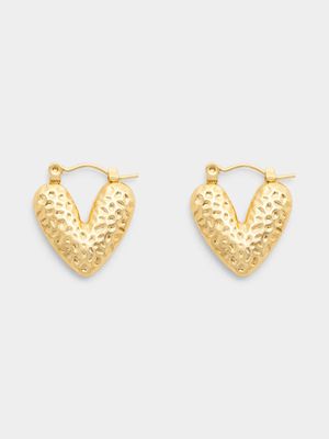 Stainless Steel 18ct Gold Plated Puffy Textured Heart Hoops