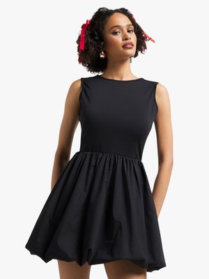 Women's Black Poplin Low Back Balloon Mini Dress