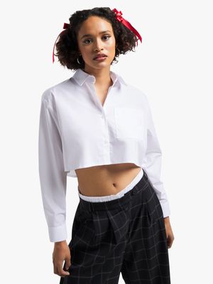 Women's White Cropped Boxy Shirt