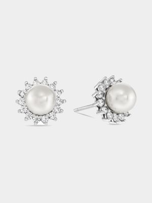 Cheté Sterling Silver Freshwater Pearl & Cubic Zirconia Halo Stud Earrings
