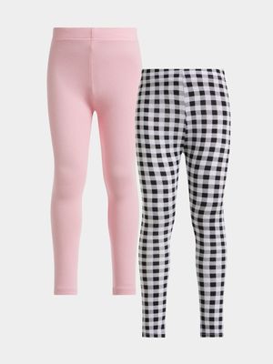 Jet Younger Girls Pink/Check 2 Pack Leggings