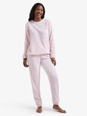 Jet Women's Pink Heart Embossed Fleece Pyjama Set
