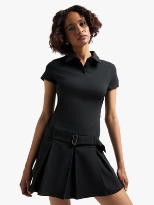 Women's Black Polo Dress With Pleats