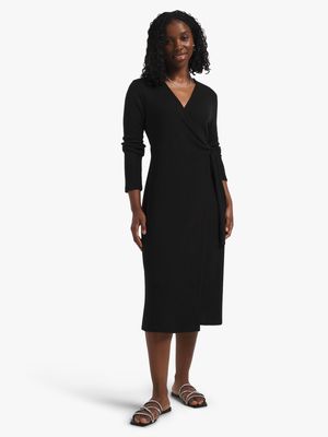 Women's Black Ribbed Wrap Dress