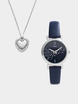 MX Woman`s Silver Plated Blue Faux Leather Watch & Heart Pendant Set