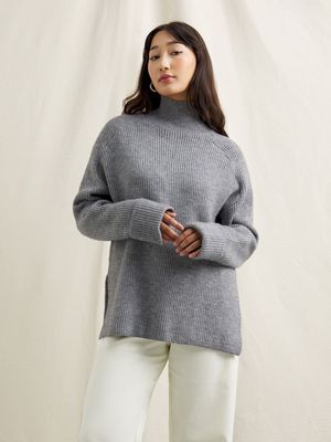 Women's Canvas Funnel Neck Longline Split Hem Jumper Grey Melange