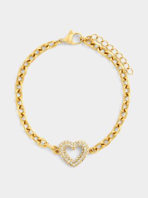 Tempo Jewellery Gold Plated Stainless Steel Cubic Zirconia Open Heart Anchor Bracelet