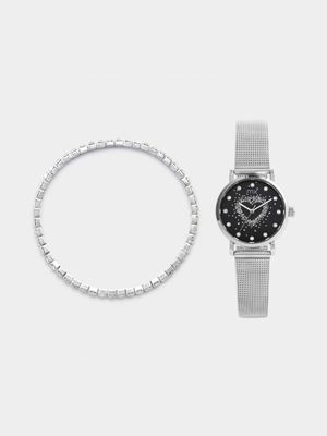 MX Silver Plated Blue Heart Dial Mesh Watch & Bracelet Set