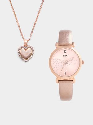 MX Women’s Rose Plated Light Brown Leather Watch &  Pendant Set