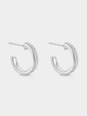 Tempo Jewellery Stainless Steel Cubic Zirconia Channel Half Hoop Earrings
