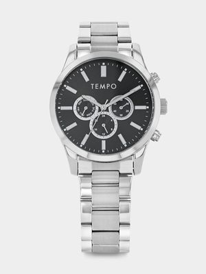 Tempo Silver Plated Black Dial Chronographic Look Bracelet Watch