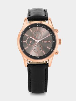 Tempo Rose Plated Gunmetal Tone Dial Black Leather Watch