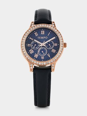 Tempo Rose Plated Blue Dial Blue Leather Watch