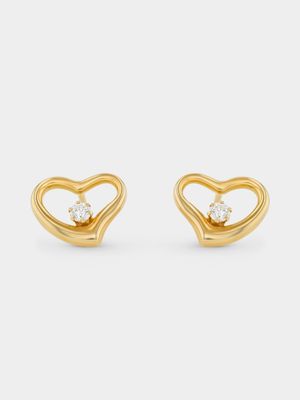 Yellow Gold & Sterling Silver Cubic Zirconia Heart Stud Earrings