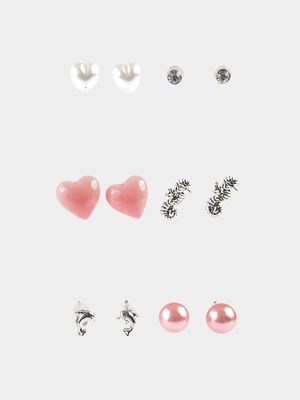 Girl's Silver & Light Pink 6-Pack Stud Earrings