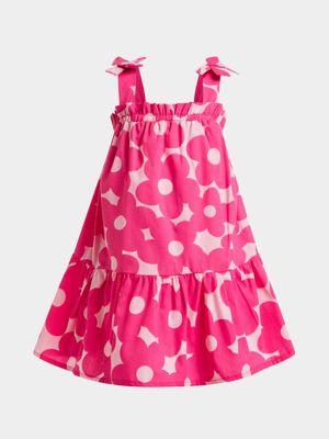 Younger Girl's Pink Floral Tiered Bow Dress
