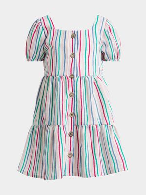Younger Girl's White Striped Button Up Dress