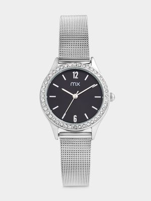 MX Silver Plated Black Dial Mesh Watch