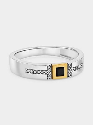 Yellow Gold & Sterling Silver Black Spinel Bead Accent Wedding Band