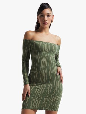 Women's Green  Seamless Bardot Mini Dress