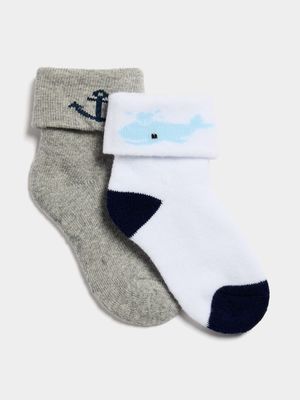 Jet Infant Boys White/Grey 2 Pack Anchor & Whale Socks