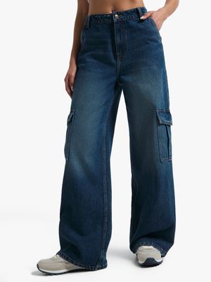 Women's Dark Wash Cargo Carpenter Jeans