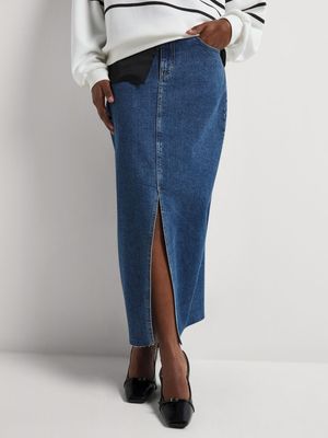 News Denim Front Slit Midi Skirt