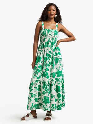 Women's Green & White Floral Smocked Maxi Dress