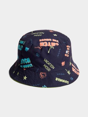 Boy's Navy Print & Lime Reversible Bucket Hat