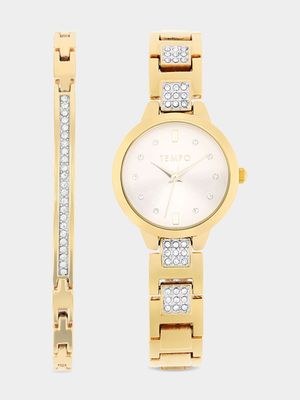 Tempo Ladies Gold Plated Round Shape Watch Set