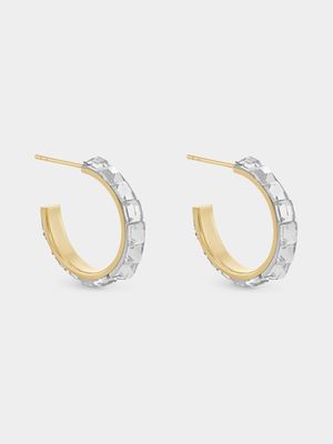 Yellow Gold Clear Crystal Open End Hoop Earrings