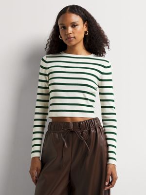 Fitted Long Sleeve Stripe Crew Neck Knit