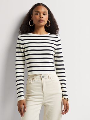 Fitted Long Sleeve Stripe Crew Neck Knit