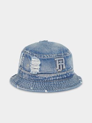 RJ BLACK/MEDIUM BLUE RIP & REPAIR DENIM BUCKET HAT