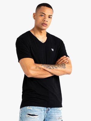 Men's Relay Jeans Branded Slim Fit V-neck Basic Black T-Shirt