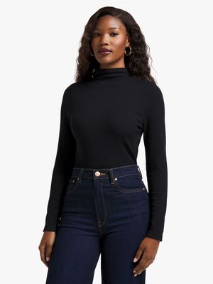 Women's Black Seamless Turtleneck Top