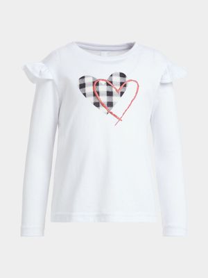 Older Girl's White Graphic Print Ruffle T-Shirt