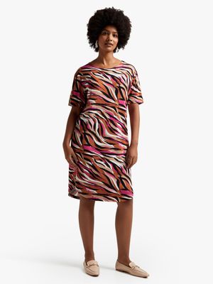 Women's Pink & Brown Abtract Print T-Shirt Dress