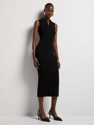 Ribbed Knit Collared Column Dress