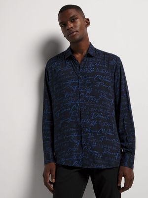 Fabiani Men's Smart Script Printed Navy Shirt