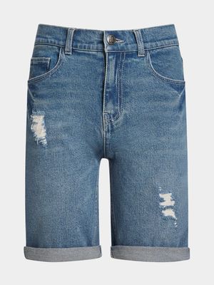 Younger Boy's Mid Wash Ripped Denim Shorts