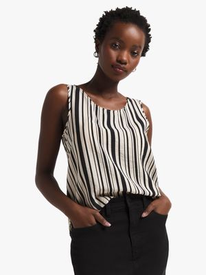 Women's Cream & Black Striped High Neck Cami