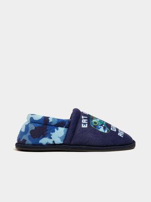 Younger Boy's Navy Gamer & Camo Print Slippers