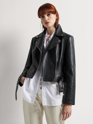 Pleather Belted Biker Jacket