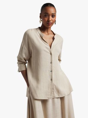 Linen-blend Mandarin Collar Tunic