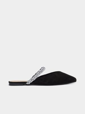 Women's Black Diamante Strap Pointy Mules