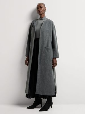 Melton Collarless Belted Coat