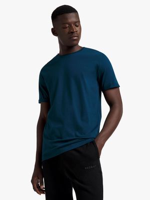 Men's Markham Raw Edge Crew Neck Basic Teal T-Shirt