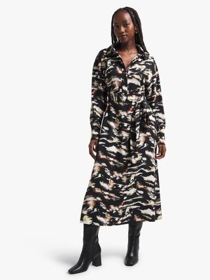 Women's Black Abstract Print Shirt Dress